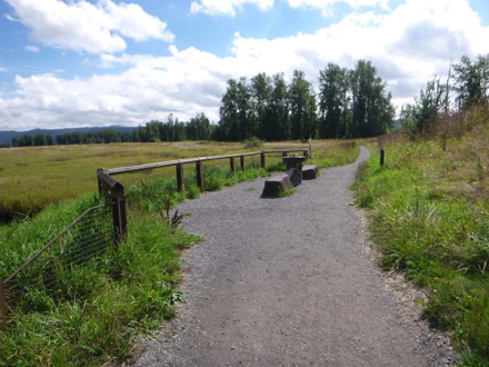 Seating area overlooking the lake - wide compacted gravel trail &ndash; interactive educational art piece about water